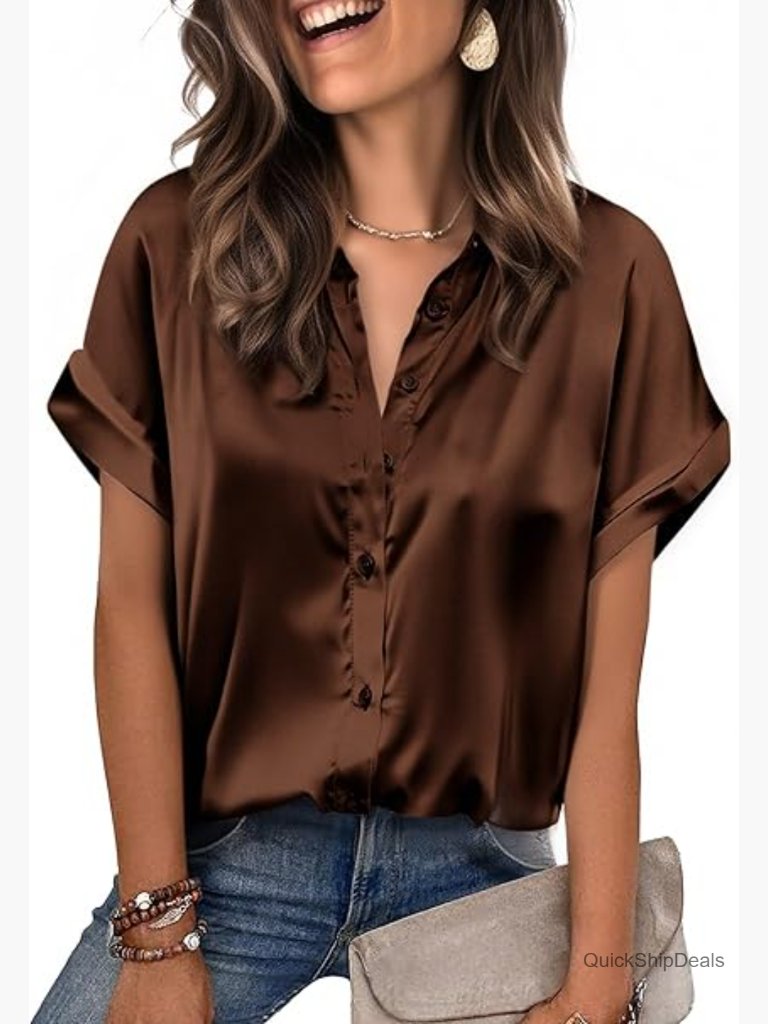 Satin Button Down Shirt Short Sleeve Blouse Business Casual